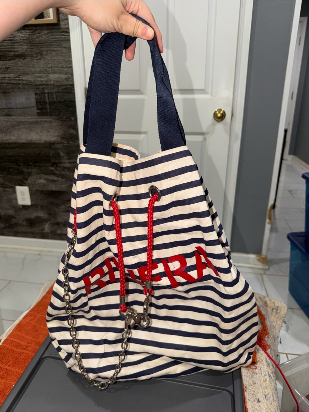 Calliope Striped Navy and White Tote with Red Accents